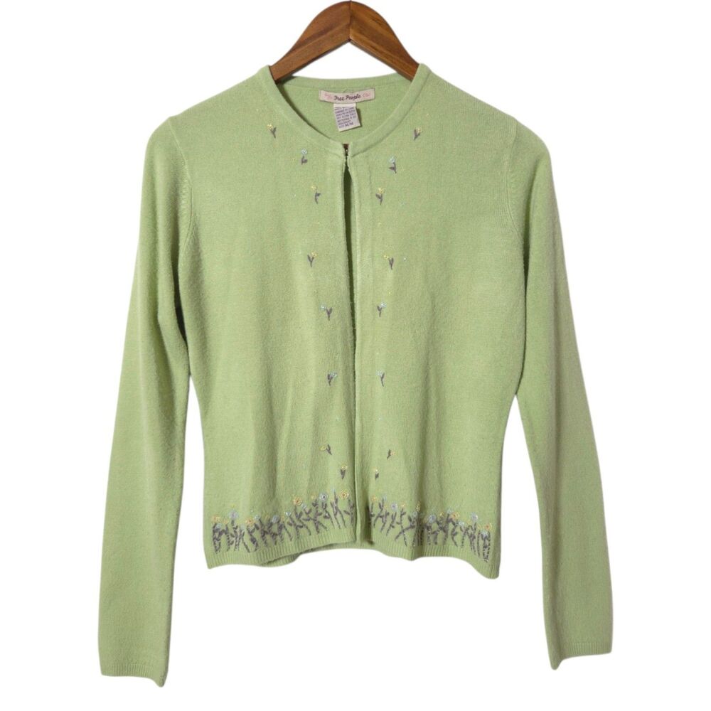 Vintage Free People Original Embroidered Cardigan M Light Green Cottagecore Boho
